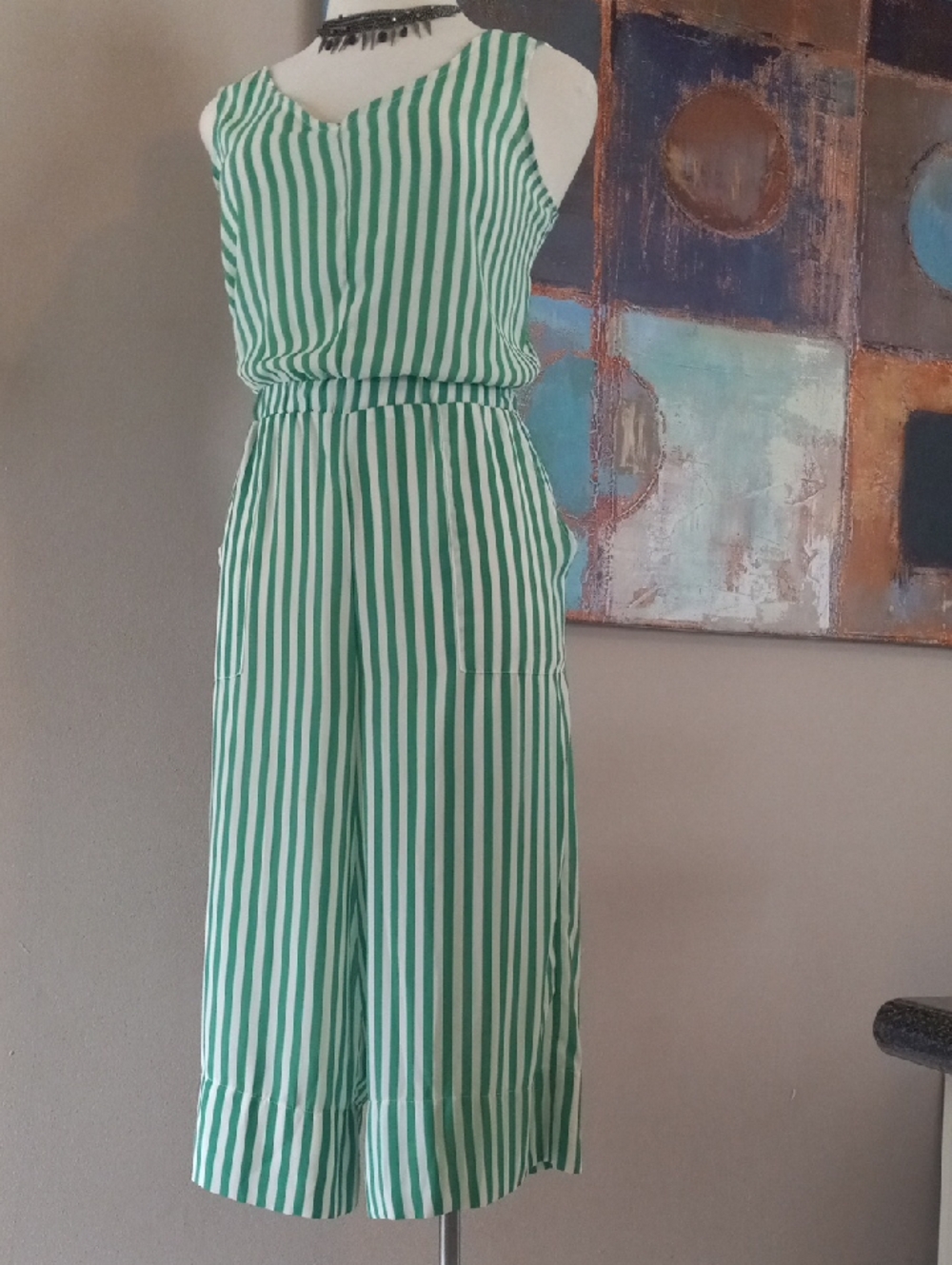 Tiana B. Wide Leg Green and White Vertical Stripe Sleeveless Jumpsuit Romper - Picture 13 of 16